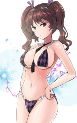 Rule 34 | 1girl, bare arms, bare shoulders, between breasts, bikini, black necktie, breasts, brown eyes, brown hair, checkered bikini, checkered clothes, commentary request, cowboy shot, hair ribbon, hand on own hip, highres, himekaidou hatate, large breasts, long hair, looking at viewer, navel, necktie, necktie between breasts, no headwear, one-hour drawing challenge, purple bikini, purple ribbon, ribbon, solo, standing, stomach, swimsuit, thighs, touhou, white background, y2
