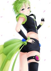 Rule 34 | 1girl, absurdres, black shorts, black sleeves, black thighhighs, blue eyes, blue nails, blush, crop top, detached sleeves, from side, green hair, heart o-ring, highres, looking at viewer, macross, macross delta, midriff, nail polish, pointy ears, reina prowler, short hair, short shorts, shorts, simple background, single thighhigh, solo, thigh strap, thighhighs, white background, yumemo