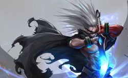 Rule 34 | 1boy, abs, absurdres, asura (dungeon and fighter), belt, black cloak, cloak, dungeon and fighter, closed eyes, flute (artist), grey hair, highres, holding, holding sword, holding weapon, long hair, male focus, muscular, nipples, slayer (dungeon and fighter), solo, sword, torn cloak, torn clothes, weapon