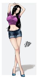 Rule 34 | 1girl, alternate costume, arm over head, arms up, black eyes, black hair, blue footwear, blue shorts, boa hancock, border, breasts, casual, curvy, denim, denim shorts, full body, head tilt, highres, hip focus, large breasts, legs, long hair, midriff, navel, one eye closed, one piece, purple shirt, sherumaru (korcht06), shirt, shoes, short shorts, shorts, signature, simple background, solo, standing, stomach, t-shirt, taut clothes, taut shirt, thighs, white border, wink