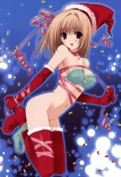 Rule 34 | 1girl, :d, absurdres, blush, bottomless, bra, brown hair, elbow gloves, from side, gloves, groin, hat, highres, lingerie, open mouth, panties, panties around leg, panty pull, santa hat, smile, solo, suzuhira hiro, thighhighs, underwear, underwear only
