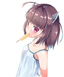 Rule 34 | 1girl, ahoge, blush, breasts, brown hair, camisole, food, food in mouth, furrowed brow, medium hair, menbou (menbow3v), popsicle, red eyes, short hair, small breasts, solo, touhoku kiritan, voiceroid
