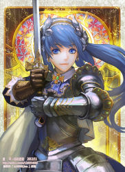 Rule 34 | 10s, 1girl, 2012, armor, art nouveau, blue eyes, blue hair, cape, dated, earrings, gauntlets, gloves, jewelry, knight, leather, leather gloves, lips, long hair, matching hair/eyes, original, ponytail, seisen cerberus, smile, solo, sword, watermark, weapon, web address, xiaji