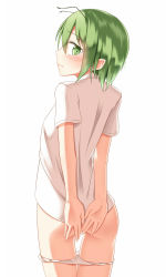 Rule 34 | 1girl, antennae, blush, covering privates, covering ass, green eyes, green hair, highres, looking at viewer, looking back, matching hair/eyes, naked shirt, panties, panty pull, partially visible vulva, pspmaru, shirt, simple background, solo, touhou, underwear, white panties, wriggle nightbug
