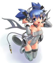 Rule 34 | 1girl, :d, blue eyes, blue hair, blush, breasts, cleavage, demon girl, detached sleeves, full body, headphones, horns, katahira masashi, leotard, looking at viewer, matching hair/eyes, md5 mismatch, open mouth, original, personification, resolution mismatch, simple background, smile, solo, sony, source smaller, thighhighs, twintails, wings