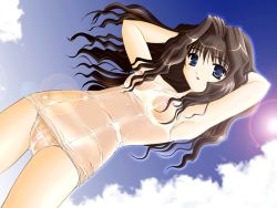 Rule 34 | 1girl, armpits, arms up, day, dutch angle, hair between eyes, hair intakes, kanon, lens flare, misaka kaori, nipples, one-piece swimsuit, outdoors, pussy, school swimsuit, see-through, shirt, sky, skyhouse, solo, sun, swimsuit, wet, wet clothes, wet shirt, white school swimsuit, white one-piece swimsuit