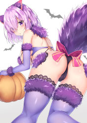 Rule 34 | 1girl, animal ears, arm at side, bat (animal), black panties, blush, bow, breasts, cameltoe, cowboy shot, cross-laced clothes, elbow gloves, eyes visible through hair, fate/grand order, fate/stay night, fate (series), fox ears, fox tail, from behind, fur-trimmed gloves, fur-trimmed legwear, fur collar, fur trim, gloves, hair over one eye, halloween, highres, lace, lace-trimmed legwear, lace trim, large breasts, looking at viewer, looking back, mash kyrielight, mash kyrielight (dangerous beast), o-ring, o-ring top, official alternate costume, open mouth, panties, pumpkin, purple bow, purple eyes, purple gloves, purple hair, purple thighhighs, rong yi tan, short hair, sideboob, sidelocks, solo, standing, tail, thighhighs, twisted neck, underwear, white background, wolf ears, wolf tail