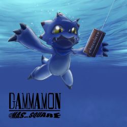 Rule 34 | 1boy, chocolate, claws, digimon, digimon (creature), digimon ghost game, full body, gammamon, highres, nevermind, nirvana (band), open mouth, parody, scarf, sharp teeth, smile, swimming, tail, teeth, twitter username, underwater, water, yellow eyes