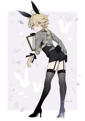 Rule 34 | 1boy, aether (genshin impact), ahoge, alternate costume, animal ears, ar (rikuesuto), black gloves, black shorts, black thighhighs, blush, braid, clipboard, closed mouth, crossdressing, earrings, garter straps, genshin impact, gloves, grey shirt, high heels, holding, holding clipboard, jewelry, long hair, long sleeves, male focus, rabbit ears, rabbit tail, shirt, shorts, simple background, single braid, single earring, solo, squiggle, standing, tail, thighhighs, trap, twitter username, yellow eyes