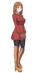 Rule 34 | 1girl, bad id, bad pixiv id, black pantyhose, boots, brown gloves, brown hair, coat, cross-laced footwear, full body, gloves, high heel boots, high heels, long sleeves, looking at viewer, orange eyes, original, pantyhose, red coat, short hair, simple background, smile, solo, standing, takumi1006, thigh boots, thighhighs, v arms, white background
