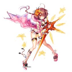Rule 34 | 1girl, bikini, breasts, brown hair, choker, cleavage, commentary request, copyright name, flower, full body, hair flower, hair ornament, holding, holding sword, holding weapon, jewelry, kamihime project r, long hair, low ponytail, medium breasts, nergal (kamihime), red eyes, sandals, side-tie bikini bottom, simple background, solo, starfish, swimsuit, sword, thigh strap, weapon, white background