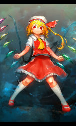 Rule 34 | 1girl, absurdres, ascot, blonde hair, bright pupils, closed mouth, flandre scarlet, hat, highres, letterboxed, looking at viewer, niwarhythm, red eyes, red footwear, red skirt, red vest, shirt, shoes, side ponytail, skirt, socks, solo, standing, touhou, vest, white hat, white pupils, white shirt, white socks, wings, yellow ascot