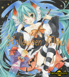 Rule 34 | 1girl, ;p, aqua eyes, aqua hair, bare shoulders, broom, detached sleeves, halloween, hatsune miku, long hair, one eye closed, solo, striped clothes, striped thighhighs, tamagoboro, thighhighs, tongue, tongue out, traditional media, twintails, very long hair, vocaloid