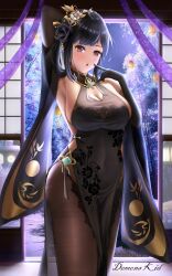 Rule 34 | 1girl, arm behind head, arm up, artist name, azur lane, black flower, black hair, black rose, bodystocking, breasts, chen hai (azur lane), chen hai (vestibule of wonders) (azur lane), china dress, chinese clothes, cleavage, cleavage cutout, clothing cutout, demons kid, dress, finger to mouth, flower, gloves, hair flower, hair ornament, highres, lace, lace-trimmed gloves, lace trim, large breasts, long hair, looking at viewer, night, official alternate costume, pelvic curtain, purple eyes, rose, sleeveless, sleeveless dress, solo, taut clothes, taut dress, tight clothes, tight dress, white flower