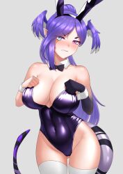 Rule 34 | animal ears, black bow, black bowtie, blue eyes, blush, bow, bowtie, breasts, cipher4109, commentary, detached collar, dragon girl, dragon tail, embarrassed, english commentary, fake animal ears, heterochromia, highres, large breasts, leotard, nijisanji, nijisanji en, official alternate hairstyle, playboy bunny, purple eyes, purple hair, purple leotard, rabbit ears, selen tatsuki, strapless, strapless leotard, tail, thighhighs, virtual youtuber, white thighhighs, wing collar