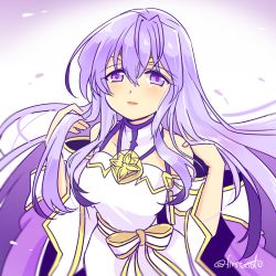 Rule 34 | 1girl, alternate costume, arms up, bare shoulders, blush, book, cape, circlet, colored eyelashes, detached sleeves, dress, fire emblem, fire emblem heroes, hair between eyes, hand in own hair, julia (fire emblem), long hair, looking at viewer, nintendo, open mouth, purple eyes, purple hair, smile, solo, twitter username, upper body, white dress, yukia (firstaid0)