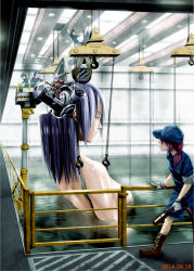 Rule 34 | 10s, 5girls, akashi (kancolle), blue hat, blue shirt, blue shorts, bodysuit, boots, breasts, brown footwear, brown hair, catwalk, crane (machine), dated, eyepatch, giant, giantess, gloves, hair between eyes, hair down, hat, headgear, indoors, kantai collection, large breasts, long hair, mecha, mechanical parts, multiple girls, nude, open mouth, partially submerged, pink hair, ponytail, purple hair, railing, robot, shiny skin, shirt, short hair, short sleeves, shorts, tect, tenryuu (kancolle), water, wet, white gloves