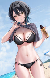 Rule 34 | 1girl, absurdres, beach, bikini, black bikini, black choker, black hair, black nails, blue hair, blue sky, bottle, breasts, choker, cleavage, closed mouth, clothes lift, cloud, colored tips, day, fang, gluteal fold, grey shirt, highres, holding, holding bottle, large breasts, lifted by self, looking at viewer, multicolored hair, navel, ocean, original, outdoors, rama (yu-light8), shirt, shirt lift, sky, smile, solo, stomach, streaked hair, string bikini, swimsuit