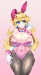 Rule 34 | 1girl, absurdres, animal ears, arm at side, bare shoulders, black pantyhose, blonde hair, blue eyes, breasts, cleavage, crown, detached collar, earrings, elbow gloves, eyelashes, fake animal ears, gloves, hand up, highres, jewelry, kiku baya4, large breasts, leotard, lips, long hair, looking at viewer, mario (series), nintendo, pantyhose, parted lips, pink background, pink leotard, pink lips, pink neckwear, playboy bunny, princess peach, puckered lips, rabbit ears, simple background, solo, standing, strapless, strapless leotard, super mario bros. 1, thick eyebrows, thick thighs, thighs, white gloves, wide hips, wrist cuffs