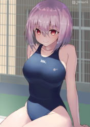 Rule 34 | 1girl, arm support, bare arms, bare shoulders, blue one-piece swimsuit, blurry, blurry background, blush, breasts, closed mouth, collarbone, commentary request, competition swimsuit, depth of field, fang, fang out, gridman universe, groin, hair between eyes, highres, jonsun, large breasts, looking away, one-piece swimsuit, pink hair, red eyes, shinjou akane, sitting, smile, solo, ssss.gridman, swimsuit, twitter username