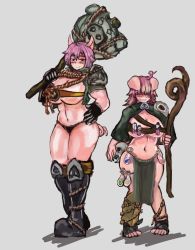 Rule 34 | 2girls, animal ears, artist request, belt bra, blush, breasts, cleavage, fantasy, female orc, grin, hair over eyes, hammer, highres, huge breasts, large breasts, looking at viewer, monster girl encyclopedia, multiple girls, orc, orc (monster girl encyclopedia), potion, revealing clothes, smile, staff, standing, tagme, tail, thick thighs, thighs, udetamago, underboob, weapon
