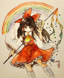 Rule 34 | ascot, bow, brown eyes, brown hair, card, closed mouth, detached sleeves, frilled bow, frills, gohei, hair bow, hair tubes, hakurei reimu, holding, holding card, key747h, long hair, looking at viewer, painting (medium), rainbow, red bow, red skirt, ribbon-trimmed sleeves, ribbon trim, skirt, smile, touhou, traditional media, unconnected marketeers, watercolor (medium), wide sleeves