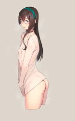 Rule 34 | 1girl, alternate costume, ass, black hair, blue eyes, blush, bottomless, breasts, collarbone, cropped legs, from side, glasses, hairband, highres, kantai collection, long hair, long sleeves, looking at viewer, ooyodo (kancolle), semi-rimless eyewear, sidelocks, simple background, small breasts, solo, sweater, thighs, under-rim eyewear, yuuji (and)