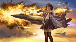 Rule 34 | 1girl, aircraft, airplane, artist name, black gloves, black necktie, black skirt, black thighhighs, black vest, breasts, canopy (aircraft), dated, explosion, fighter jet, gloves, grey jacket, highres, holding, holding microphone, j-20, jacket, jeffholy, jet, macross, macross: do you remember love?, medium breasts, microphone, military vehicle, missile, music, necktie, open mouth, original, parody, realistic, scene reference, shirt, singing, skirt, sky, smile, thighhighs, vehicle focus, vest, white shirt