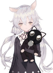 Rule 34 | 1girl, animal ear fluff, animal ears, bad id, bad twitter id, black dress, black gloves, closed mouth, commentary request, dress, gas mask, gloves, grey eyes, hair between eyes, long hair, looking at viewer, low twintails, mask, hugging object, original, shiromiso, silver hair, simple background, solo, stuffed animal, stuffed toy, twintails, upper body, very long hair, white background