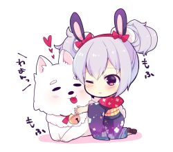 Rule 34 | 1girl, ;&gt;, animal, animal ears, animal hug, azur lane, bell, blue kimono, blush, bow, brown eyes, brown footwear, closed mouth, commentary request, dog, double bun, floral print, hair between eyes, hair bow, hair bun, hairband, heart, highres, japanese clothes, jingle bell, kimono, laffey (azur lane), laffey (snow rabbit and candy apple) (azur lane), long sleeves, new year, obi, print kimono, rabbit ears, red bow, red hairband, sash, shiopy, shoes, silver hair, smile, solo, tongue, tongue out, translation request, white background, wide sleeves
