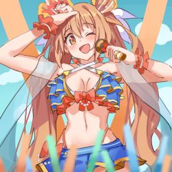 Rule 34 | 1girl, bikini, blue bikini, blurry, blurry foreground, blush, bow, breasts, criss-cross halter, frilled bikini, frills, glowstick, hair between eyes, hair ribbon, halterneck, holding, holding microphone, large breasts, long hair, looking at viewer, microphone, nozomi (princess connect!), nozomi (summer) (princess connect!), orange eyes, orange hair, princess connect!, ribbon, simplecar, solo, swimsuit, twintails, very long hair