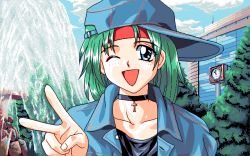 Rule 34 | 1girl, 4bpp, clock, cross, fountain, game cg, green hair, hairband, hat, looking at viewer, nitou misaki, only you, outdoors, pc98, retro artstyle, sky, solo, tree, v, wink