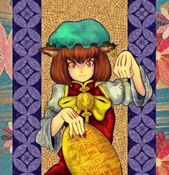 Rule 34 | 1girl, absurdres, animal ear fluff, animal ears, bow, bowtie, brown hair, cat ears, chen, closed mouth, coin, earrings, gold, green hat, hat, highres, jewelry, koban (gold), looking at viewer, maneki-neko, miazuma sarin, mob cap, nail polish, orange eyes, paw pose, red nails, red skirt, red vest, shirt, short hair, single earring, skirt, skirt set, solo, third-party source, touhou, upper body, vest, white shirt, yellow bow, yellow bowtie