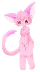 Rule 34 | 1girl, blush, cat, covering privates, covering breasts, furry, furry female, highres, kamawahi, nude, open mouth, pink hair, red eyes, run turn, short hair, solo, tail tale, whiskers