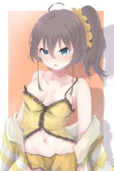 Rule 34 | 1girl, absurdres, ahoge, amato 0321, bare shoulders, blush, breasts, brown hair, camisole, collarbone, green eyes, hair between eyes, highres, hololive, natsuiro matsuri, natsuiro matsuri (matsuri&#039;s day off), navel, scrunchie, short shorts, shorts, side ponytail, solo, sweater, virtual youtuber