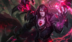 Rule 34 | 1boy, alternate costume, armor, black hair, black nails, closed mouth, collarbone, colored sclera, dark, expressionless, gem, hammer, league of legends, lips, long hair, long sleeves, looking at viewer, magic, male focus, nail polish, official art, pale skin, red sclera, red gemstone, solo, taric, upper body