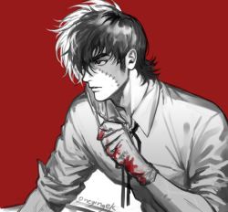Rule 34 | 1boy, black jack (character), black jack (series), blood, blood on gloves, gloves, greyscale, hair between eyes, male focus, monochrome, multicolored hair, onegingek, parted lips, patchwork skin, red eyes, shirt, short hair, signature, simple background, sketch, sleeves rolled up, spot color, upper body