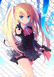 Rule 34 | 1girl, black jacket, blonde hair, blue eyes, blurry, blurry foreground, closed mouth, collared shirt, dress shirt, dual wielding, firing at viewer, floating hair, grey skirt, gun, hair between eyes, hair ribbon, highres, holding, holding gun, holding weapon, holster, jacket, little busters!, long hair, long sleeves, looking at viewer, miniskirt, pink neckwear, plaid, plaid skirt, pleated skirt, ribbon, shirt, skirt, smile, solo, standing, thigh holster, tokido saya, twintails, very long hair, weapon, white ribbon, white shirt, wing collar, ytuorvi