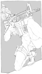 Rule 34 | 1boy, abs, absurdres, aiming, animal ears, cat boy, cat ears, greyscale, gun, highres, holding, holding gun, holding weapon, holster, holstered, ibex, leon s. kennedy, male focus, male underwear, monochrome, muscular, muscular male, nude, pectorals, resident evil, resident evil 4, resident evil 4 (remake), reverse newhalf, short hair, solo, squatting, thigh holster, thighs, thong, underwear, weapon