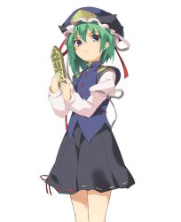 Rule 34 | &gt;:(, 1girl, arm garter, asymmetrical hair, bad id, bad twitter id, black skirt, blue eyes, blue vest, blush, closed mouth, cowboy shot, frown, green hair, hasebe yuusaku, hat, hat ribbon, juliet sleeves, long sleeves, looking at viewer, puffy sleeves, red ribbon, ribbon, ribbon-trimmed skirt, ribbon trim, rod of remorse, shiki eiki, skirt, solo, touhou, v-shaped eyebrows, vest, white background, white ribbon