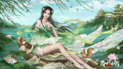 Rule 34 | 1girl, absurdres, anklet, baiguio (zhu xian), bare shoulders, boat, bracelet, brown hair, building, butterfly hair ornament, eating, facial mark, flower, forehead mark, green footwear, hair ornament, hand on own chest, highres, jewelry, long hair, lotus, mountain, outdoors, second-party source, solo, squirrel, thighlet, water, watercraft, waves, ye bai yue x, zhu xian