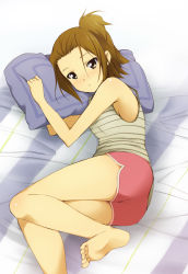 Rule 34 | 1girl, armpits, barefoot, brown eyes, brown hair, casual, feet, k-on!, kaiga, long legs, lying, on side, pillow, short hair, side ponytail, soles, solo, tainaka ritsu, toes