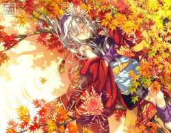 Rule 34 | 1girl, ankle wrap, artist name, autumn leaves, barefoot, detached sleeves, closed eyes, long hair, lying, md5 mismatch, minami seira, on back, original, silver hair, solo, tree, wrist wrap