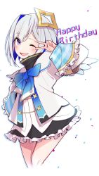 Rule 34 | 1girl, amane kanata, angel, angel wings, armband, black skirt, blue bow, blue bowtie, blue hair, blush, bob cut, bow, bowtie, colored inner hair, commentary, commentary request, confetti, cropped legs, english text, eyes visible through hair, feathered wings, frilled skirt, frilled sleeves, frills, gingham, hair over one eye, halo, hand up, happy birthday, highres, hololive, jacket, long sleeves, mini wings, multicolored hair, one eye closed, open mouth, pink hair, short hair, silver hair, simple background, single hair intake, skirt, sleeves rolled up, solo, star halo, streaked hair, symbol-only commentary, turtleneck, v, v over eye, virtual youtuber, white background, white jacket, wings, yuyaiyaui