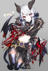 Rule 34 | 1girl, au ra, bad id, bad twitter id, belt, black shorts, black thighhighs, braid, brown jacket, closed mouth, cropped jacket, cropped legs, dagger, dot nose, dragon horns, dual wielding, final fantasy, final fantasy xiv, fur-trimmed jacket, fur trim, gauntlets, grey background, head tilt, heterochromia, highres, holding, holding dagger, holding knife, holding weapon, horns, jacket, knife, looking at viewer, low wings, midriff, multiple horns, navel, open clothes, open jacket, red eyes, reverse grip, samei ikusa, scabbard, scales, sheath, short hair, shorts, simple background, smile, solo, swept bangs, tail, thighhighs, unsheathed, warrior of light (ff14), weapon, white eyes, white hair, wings