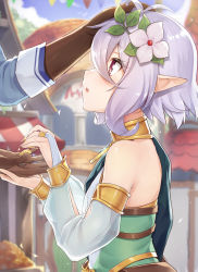Rule 34 | 1girl, antenna hair, brown gloves, choker, coin, commentary request, day, detached sleeves, flower, gem, gloves, hair flower, hair ornament, hand on another&#039;s head, headpat, highres, holding, kokkoro (princess connect!), light purple hair, looking at another, open mouth, outdoors, pink eyes, pointy ears, princess connect!, profile, ruma imaginary, see-through, short hair, sky, solo focus, sparkle, town, upper body