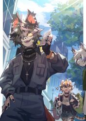 Rule 34 | 1boy, 1girl, aak (arknights), angry, arknights, bag, black nails, chinese commentary, choker, city, colored sclera, cross, cross necklace, day, eyewear on head, furry, furry female, furry male, furry with furry, highres, holding, holding bag, jewelry, lamppost, mythological creature, necklace, sweatdrop, talking on phone, tiger girl, tree, waai fu (arknights), walking, xiao (creation0528), yellow sclera