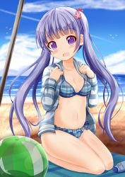 Rule 34 | alternate breast size, ball, beach, beachball, blanket, blush, breasts, cleavage, collarbone, day, flower, hair flower, hair ornament, highres, long hair, looking at viewer, medium breasts, navel, new game!, open mouth, purple eyes, purple hair, seiza, sitting, smile, suzukaze aoba, swimsuit, twintails, xenon (for achieve)