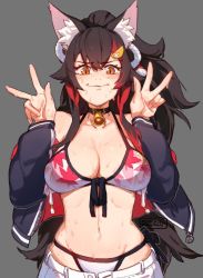 Rule 34 | 1girl, animal ear fluff, animal ears, bell, bikini, bikini under clothes, black choker, black hair, black jacket, blush, breasts, brown eyes, choker, closed mouth, commentary, double v, fingernails, hair between eyes, hands up, hololive, hololive gamers, jacket, kollerss, large breasts, leaf, long fingernails, long hair, long sleeves, looking at viewer, multicolored hair, navel, neck bell, ookami mio, ookami mio (hololive summer 2019), open clothes, open jacket, print bikini, red hair, simple background, solo, stomach, streaked hair, sweat, swimsuit, symbol-only commentary, thighhighs, v, very long hair, virtual youtuber, white bikini, wolf ears