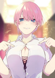 Rule 34 | 1girl, black bra, blue eyes, blurry, blurry background, blush, bra, bra peek, breasts, buttons, cleavage, collared shirt, commentary, eyebrows hidden by hair, eyelashes, go-toubun no hanayome, hair between eyes, hands up, highres, index finger raised, kckcdkkn, large breasts, light particles, lips, looking at viewer, nakano ichika, parted lips, pointing, pointing at self, seductive smile, shirt, short hair, signature, single sidelock, smile, solo, straight-on, unbuttoned, unbuttoned shirt, underwear, upper body, white shirt